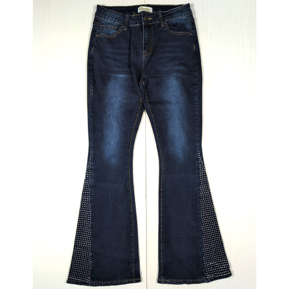 Bamboo Original Denim Womens High Rise Flare Jeans Sz 9 Blue Studded Panel Boho - Picture 1 of 12